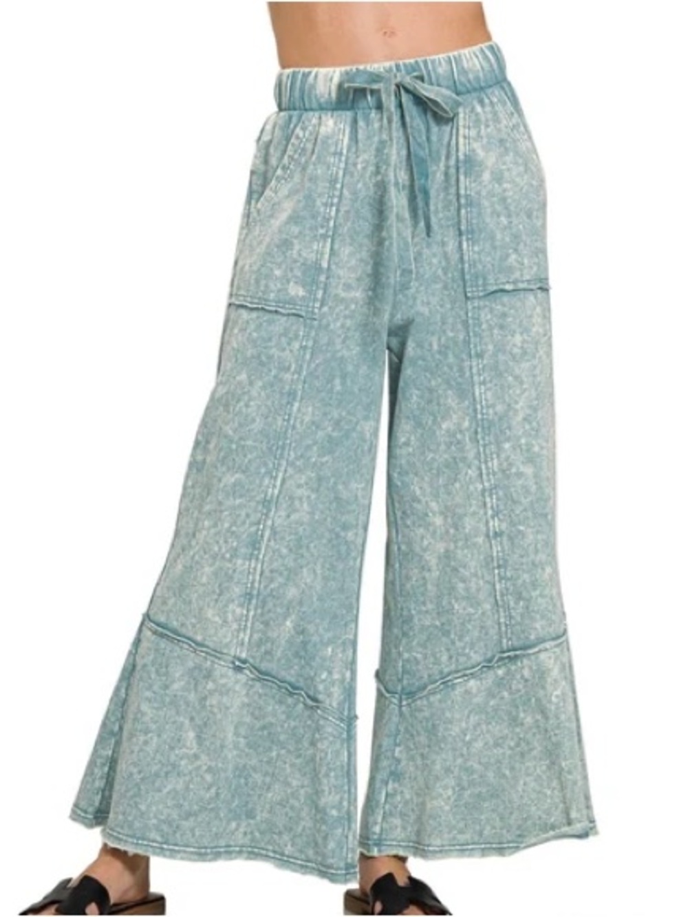 Zenana Outfitters | NWOT Mineral Washed Teal Wide-Leg Drawstring Pants Sz L